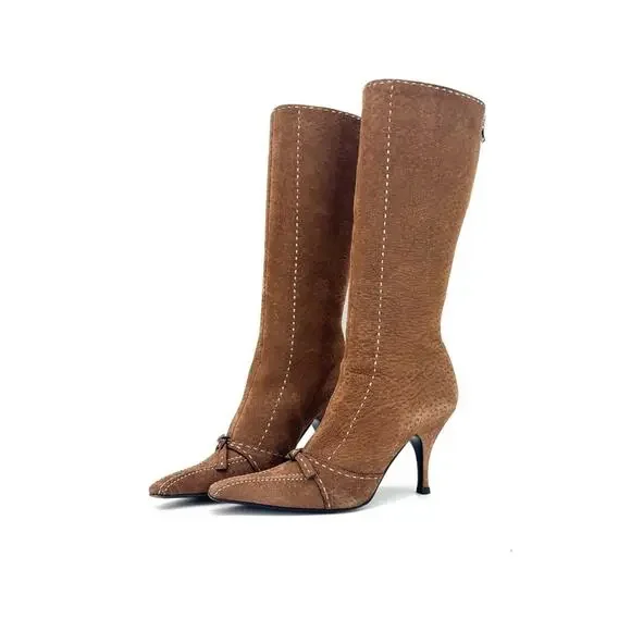 Vintage Prada Brown Suede Bow White Contrast Stitch Knee High Boots 40 - Picture 1 of 9